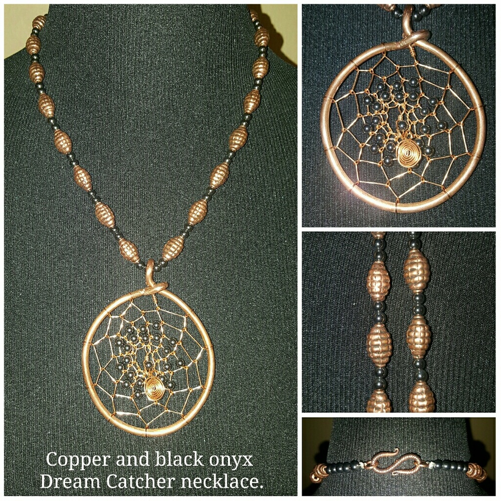 Copper and black onyx Dream Catcher necklace